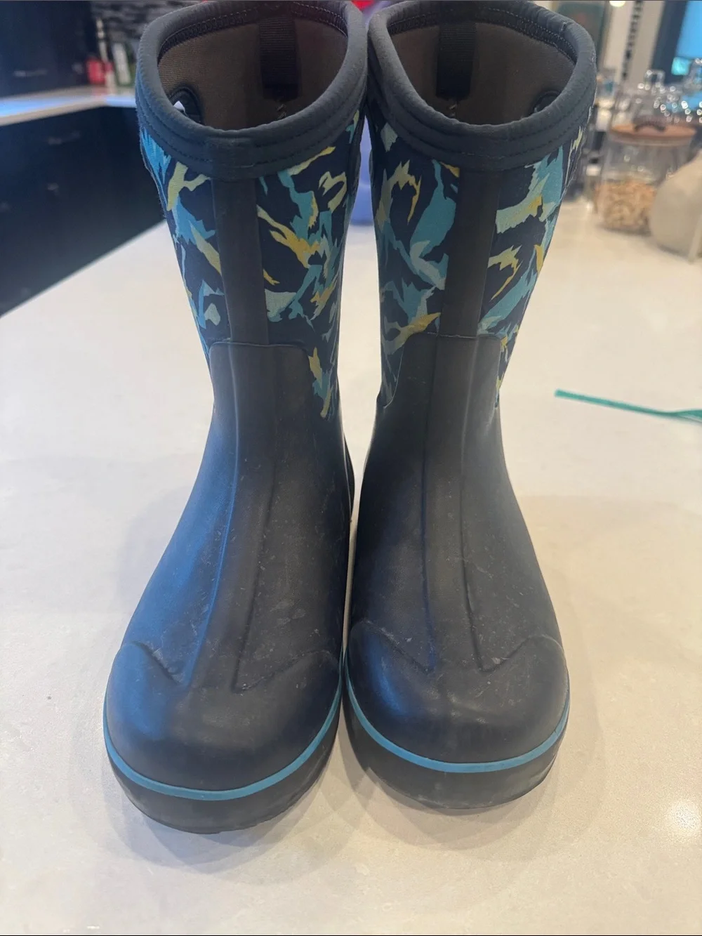 Bogs Kids Black Rain Boots with Blue and Teal Camo Accents